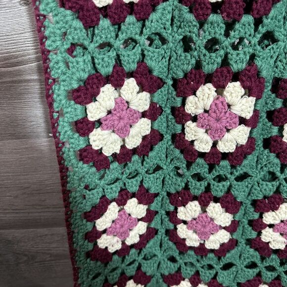 Handcrafted Floral Crochet Throw Blanket - Green, Purple, Cream - Picture 4 of 7